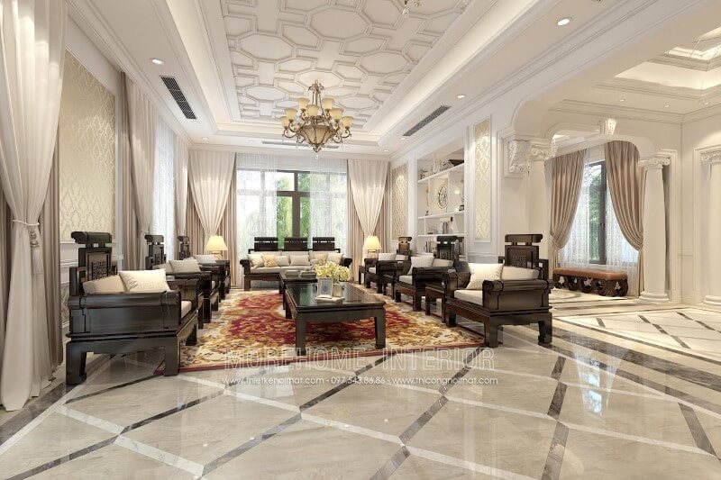 Mẫu Sofa tân cổ điển đồng kỵ gỗ tự nhiên sơn đen nổi bật kết hợp đệm ngồi bọc da màu trắng - một nét đẹp cổ xưa, quý tộc Mẫu sofa gỗ sang trọng
